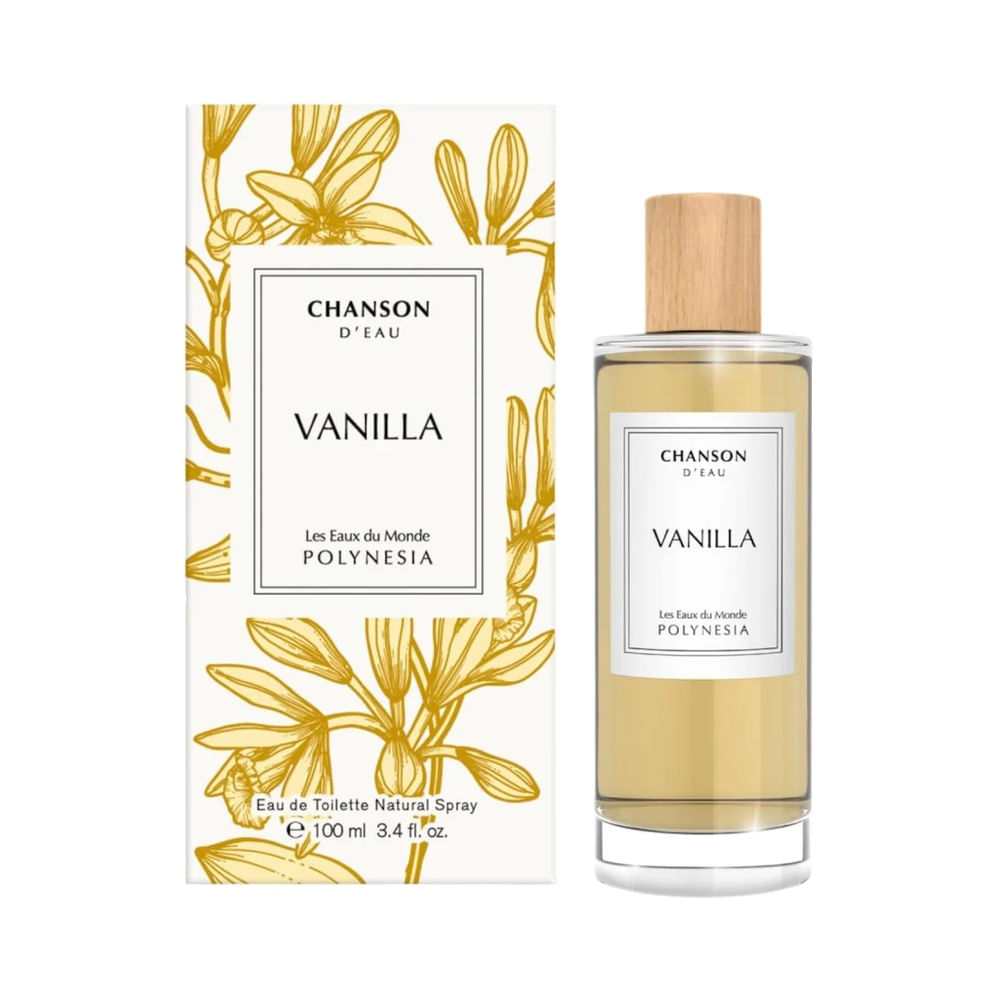 Perfume Chanson d'Eau Vanilla Eau de Toilette 100ml ao lado da embalagem branca com ilustração dourada
